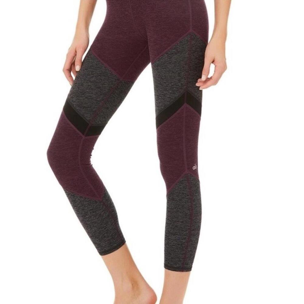 ALO Yoga Leggings Striped Gray/maroon Women Medium Ribbed Waist Fall Dark Goth - Picture 1 of 16